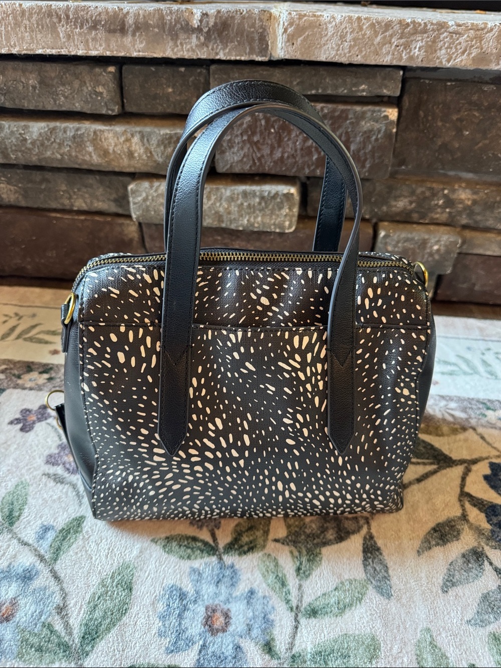 Fossil Black Satchel with Cream Speckle Print